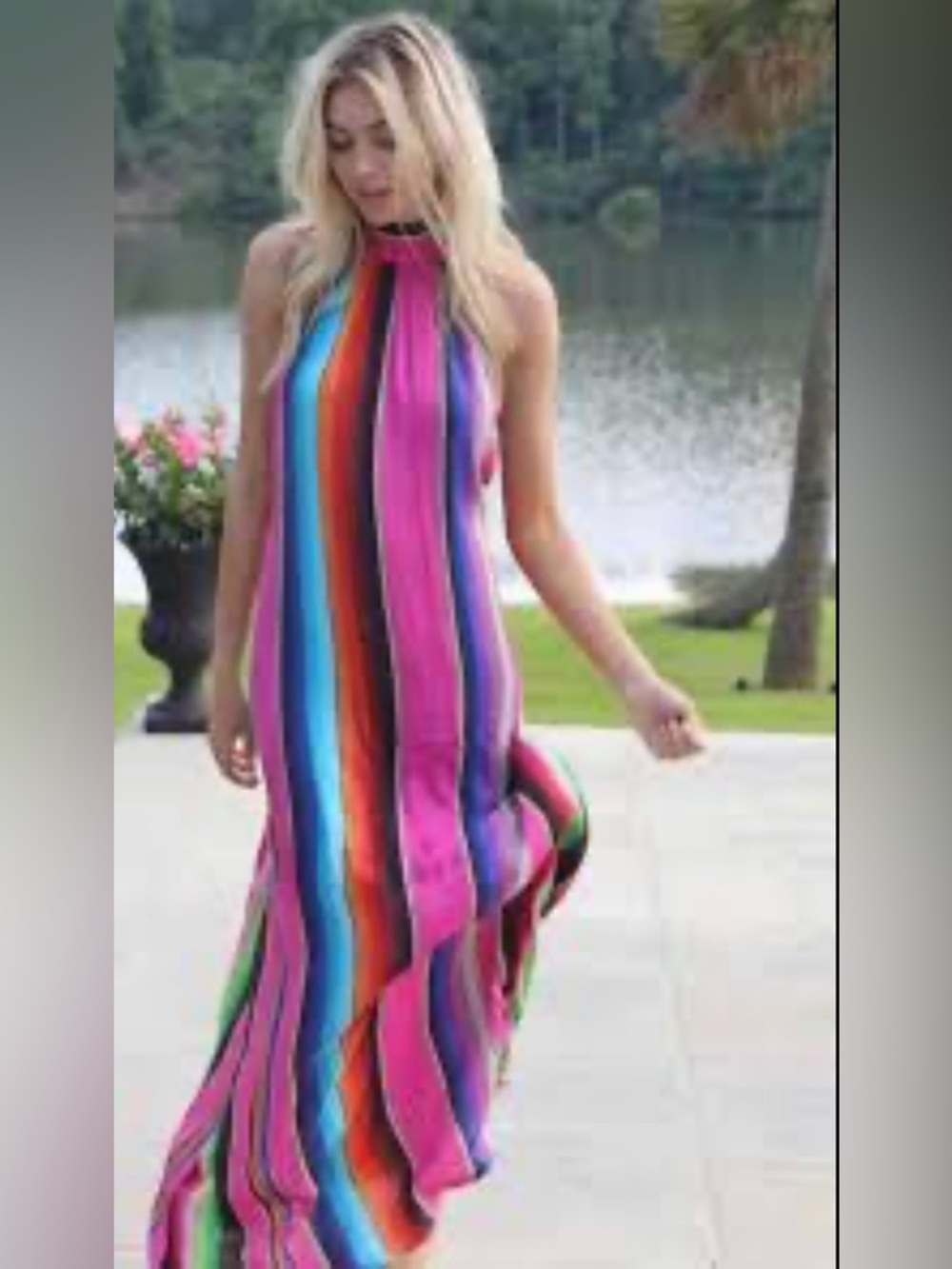 Judith March Serape Stripe Halter Maxi Dress Neck Tie Tassel NWT